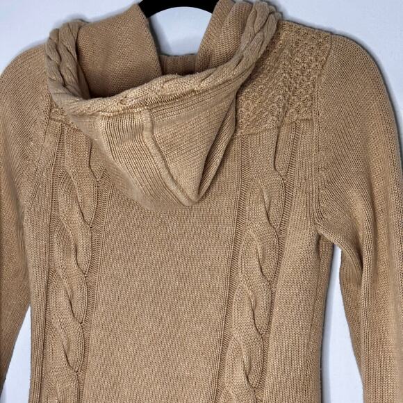 Athleta Cable Knit Zip Up Sweater Cardigan Hooded Camel Size Small Pre-Loved - Picture 8 of 16